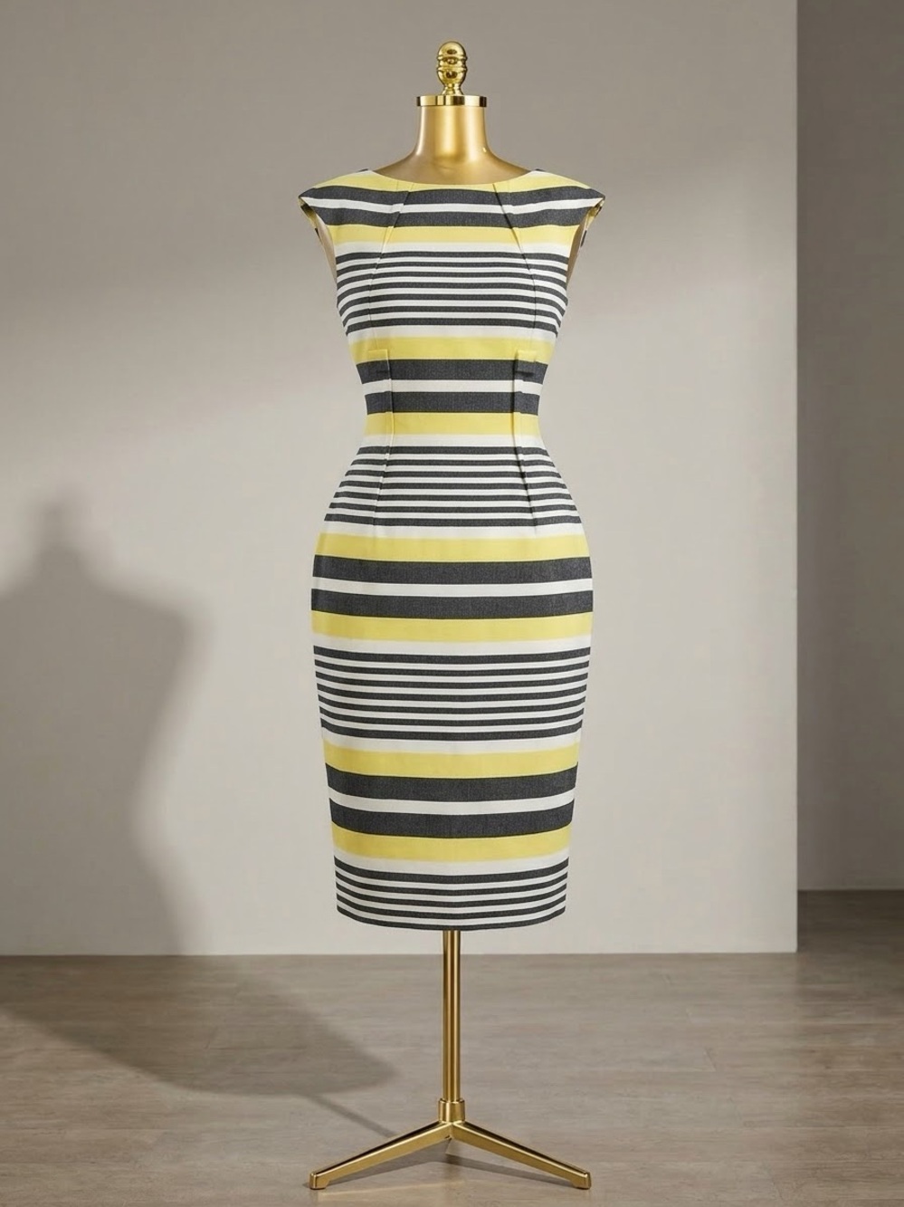 Calvin Klein Striped Sheath Midi Dress in Yellow, Black & White